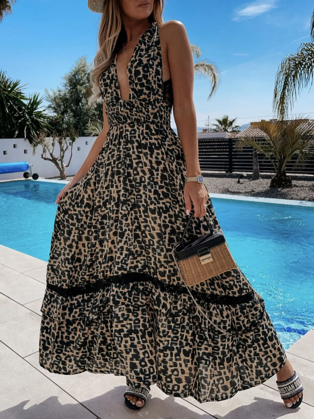 Leopard Print Sleeveless Maxi Dress with Lace Trim in Black
