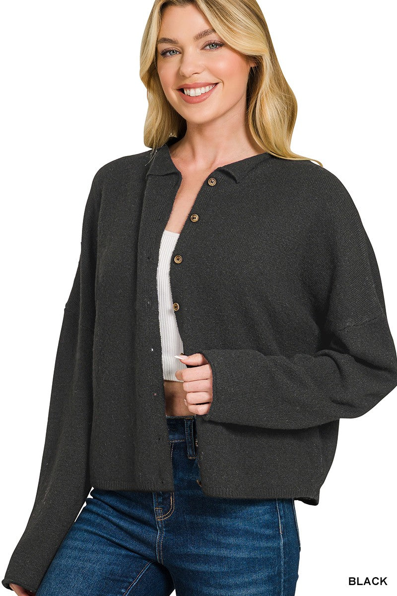 Zenana Collared Button-Down Cardigan in Black