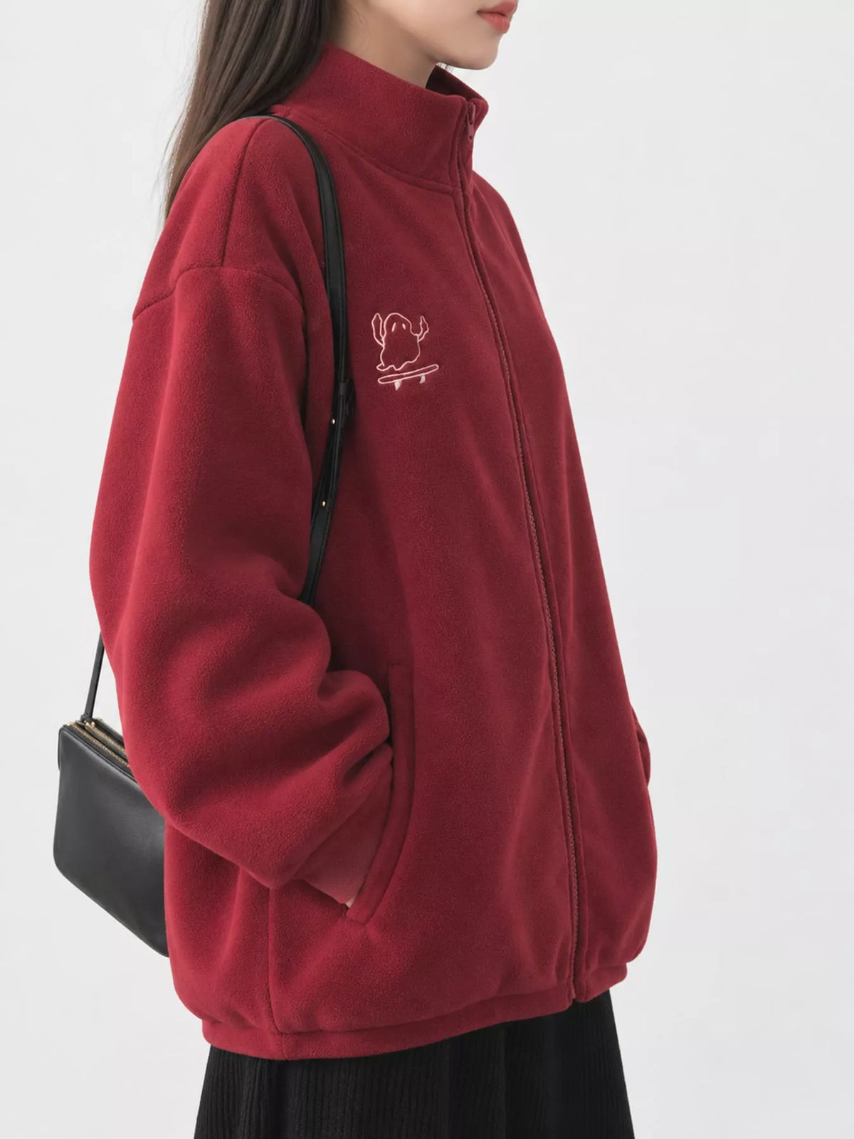Embroidered Fleece Stand-Collar Jacket