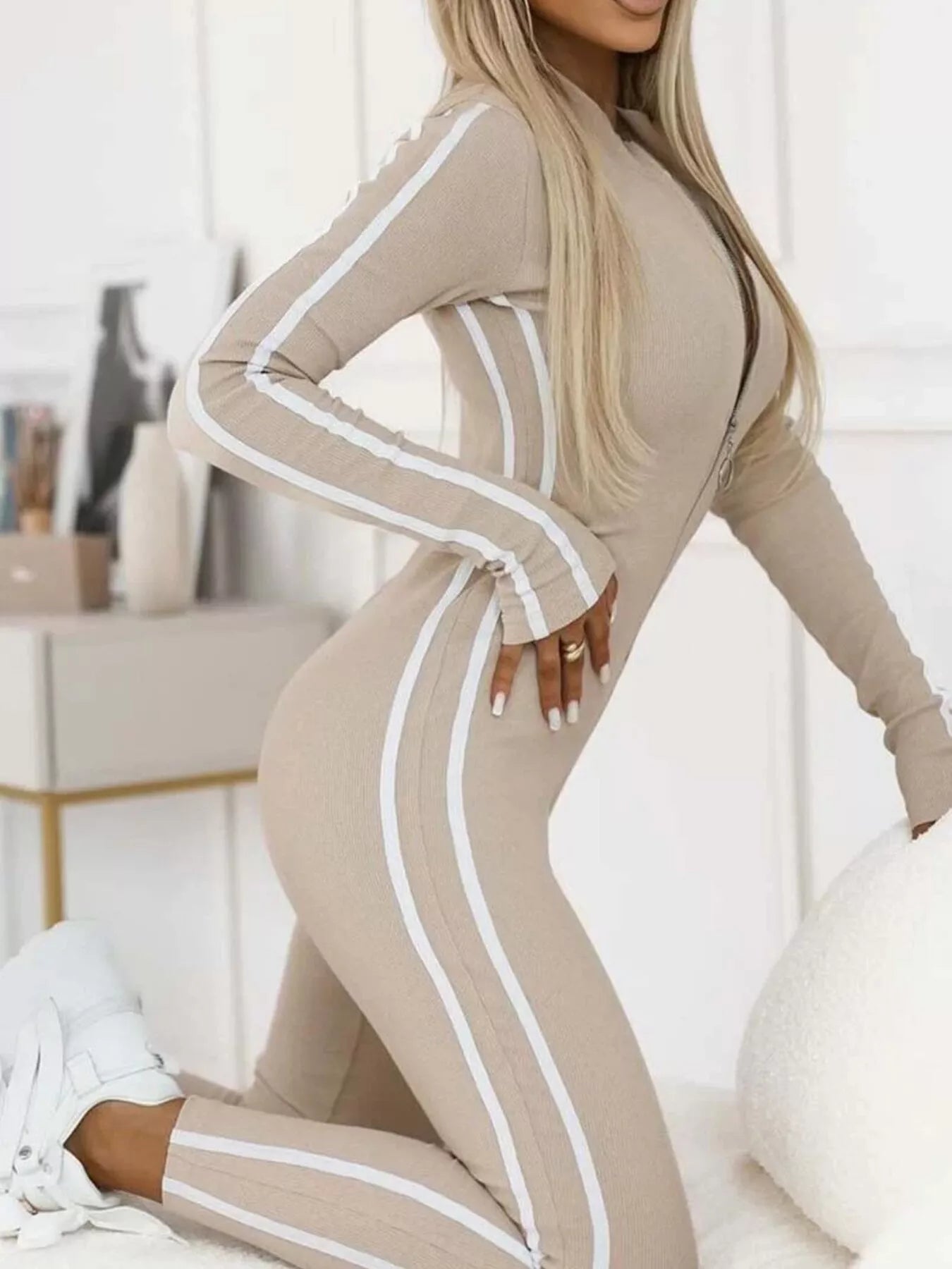 Striped Zip-Front Long Sleeve Jumpsuit