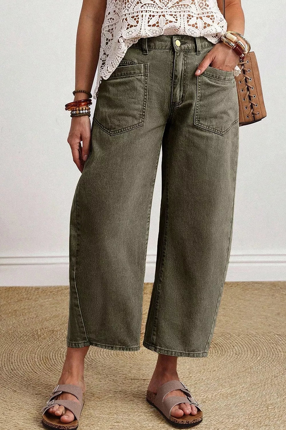 Square Patch Pocket Barrel Jeans in Army Green