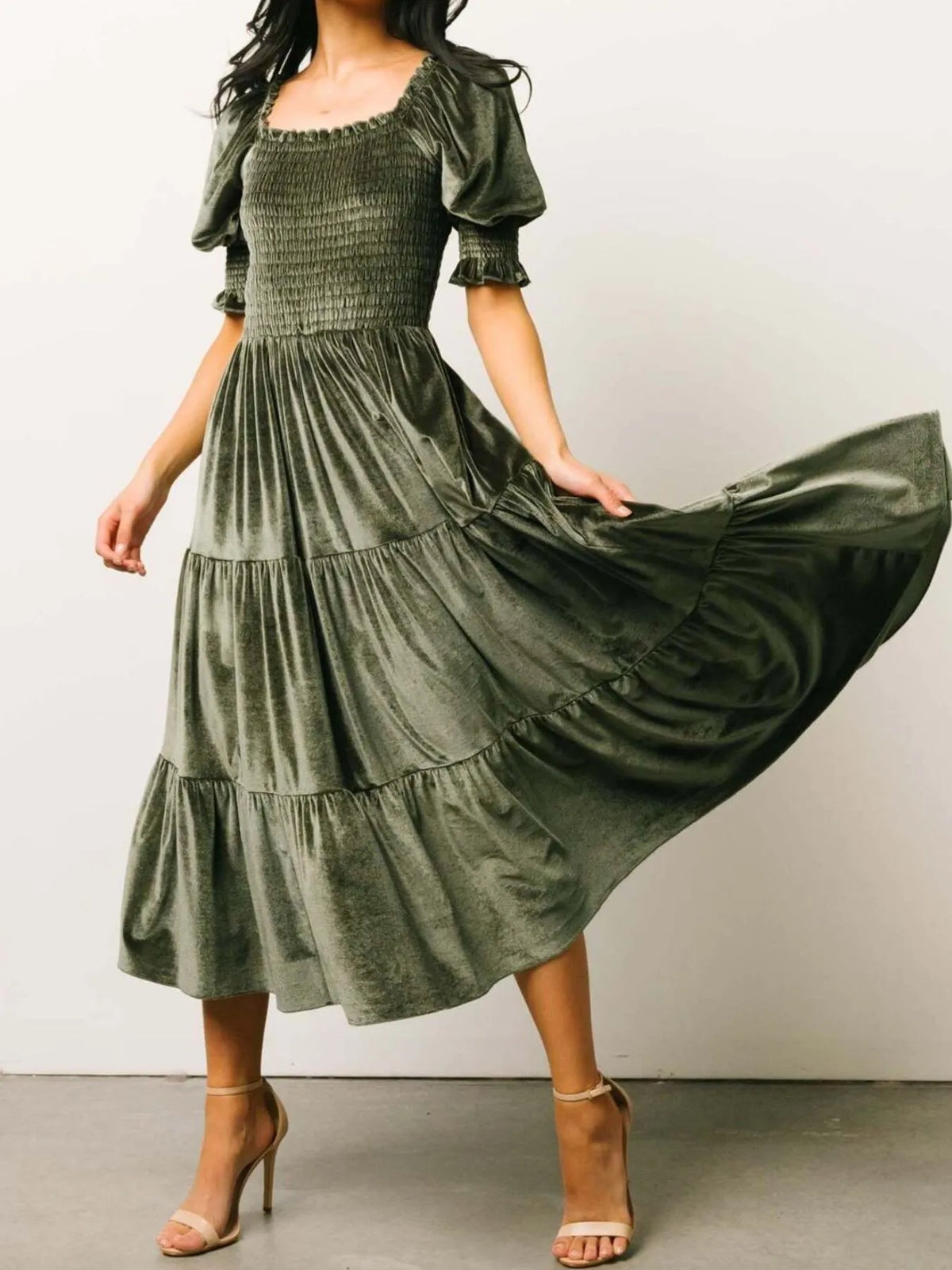 Smocked Half-Sleeve Tiered Midi Dress