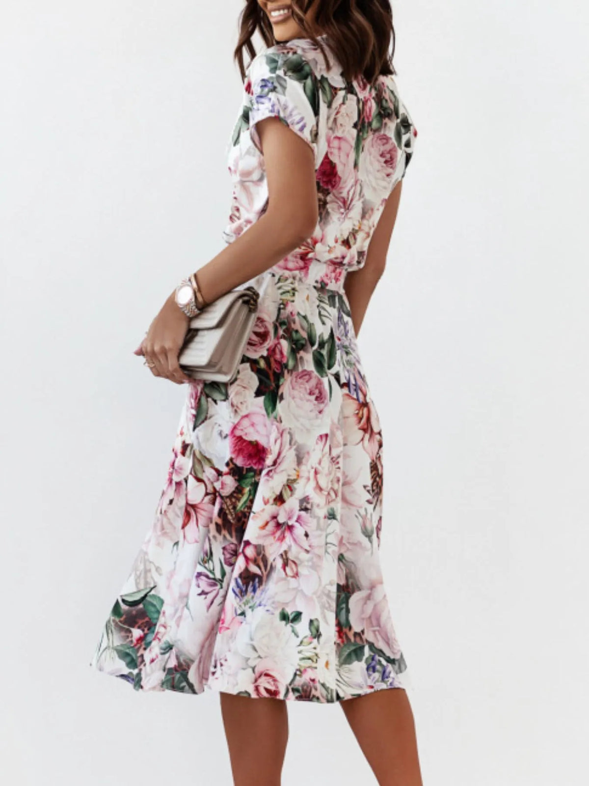 Floral Short Sleeve Midi Dress in Black