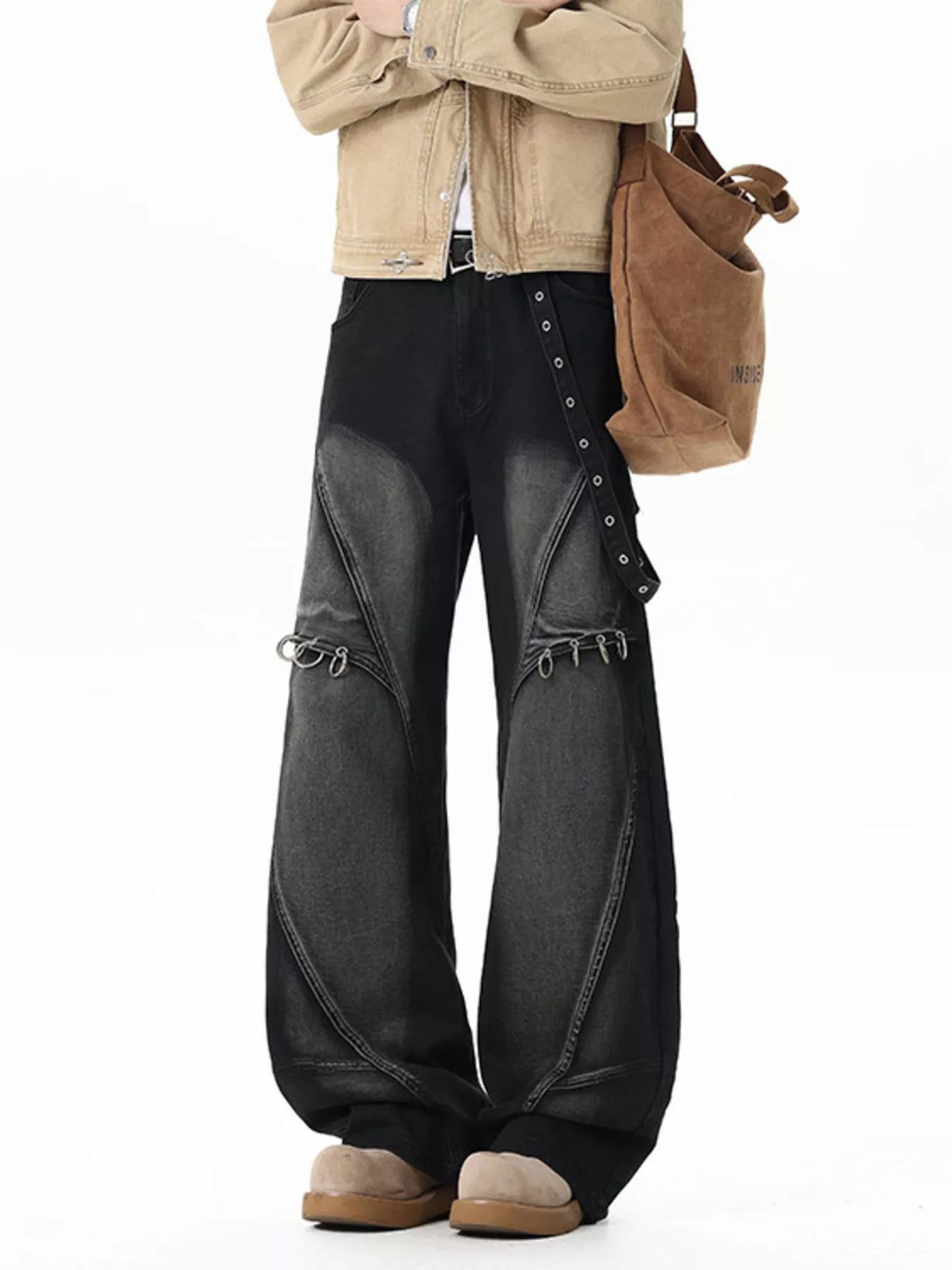Belted Wide Leg Jeans with Chain Detail