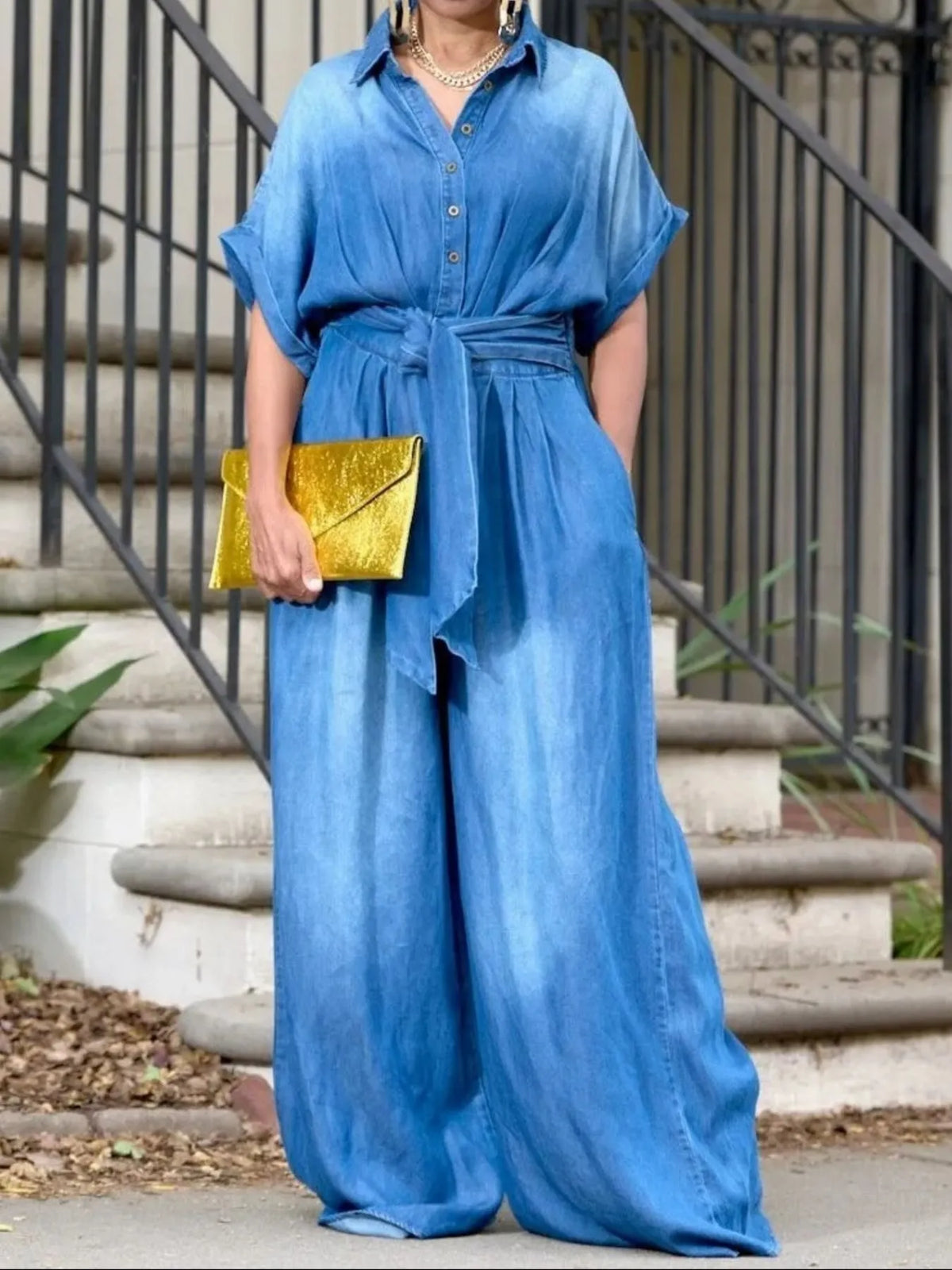 Button Front Wide Leg Denim Jumpsuit