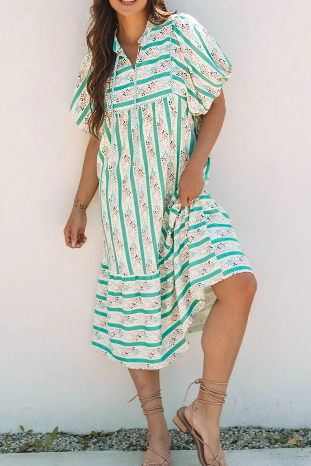 Striped Floral Tie-Neck Puff Sleeve Midi Dress in Sage