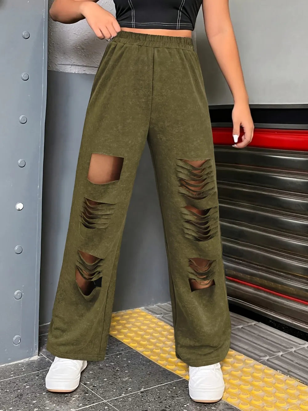 Distressed Straight Leg Pants in Army Green