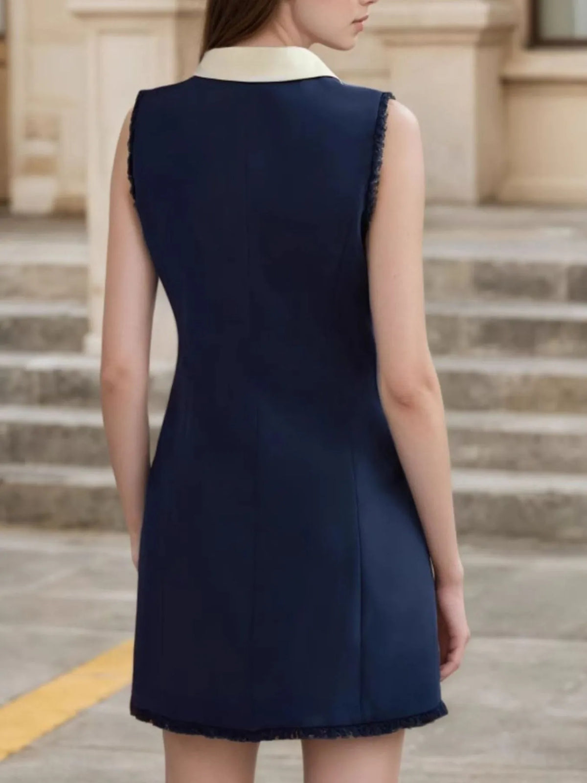 Contrast Collar Button-Front Mini Dress in Dark Blue