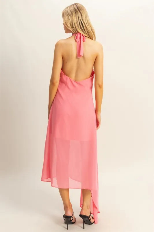 Hyfve Chiffon Halter Asymmetrical Hem Dress in Rose