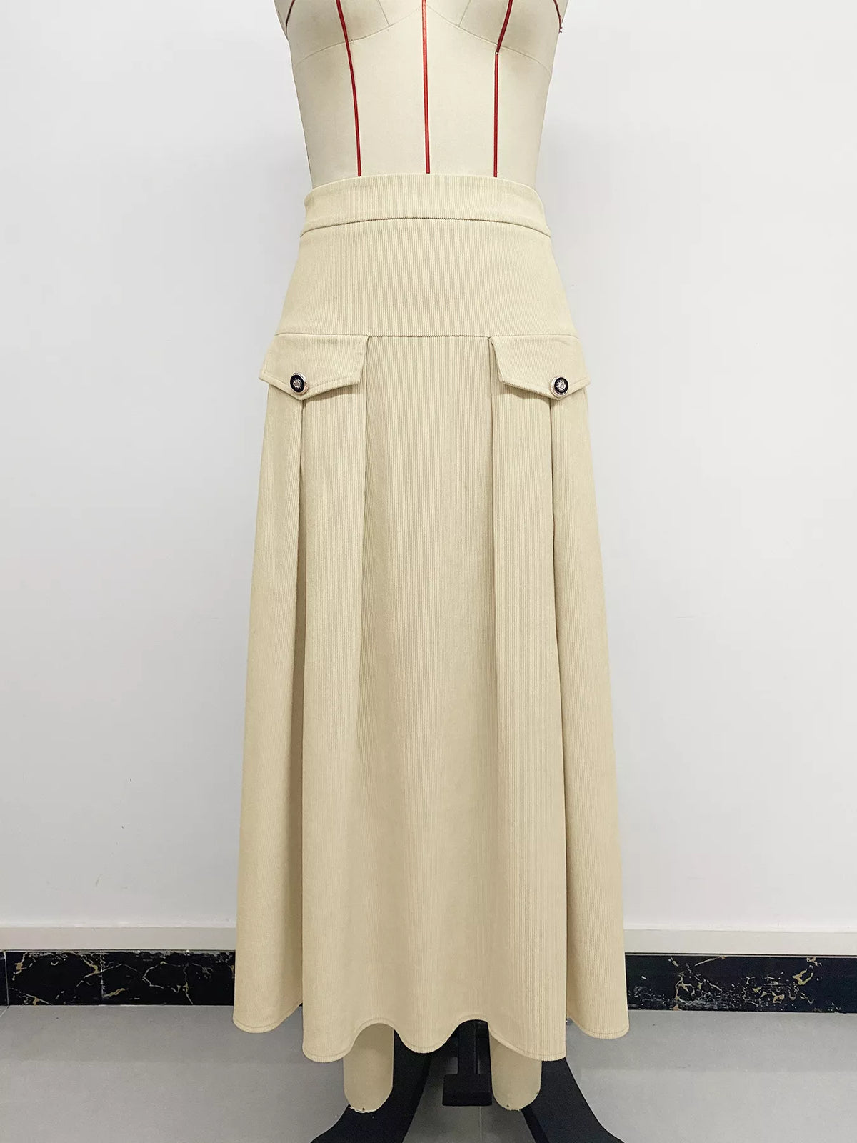 High Waist Pleated Midi Skirt in Khaki