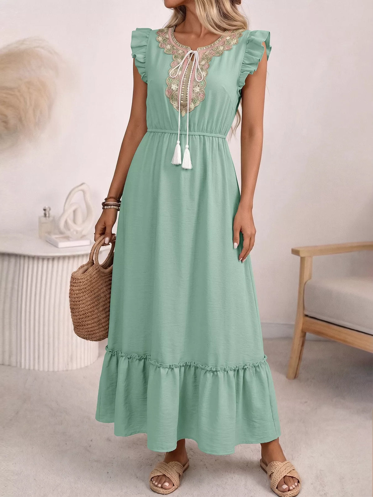 Tie-Neck Ruffle Sleeve Maxi Dress in Green