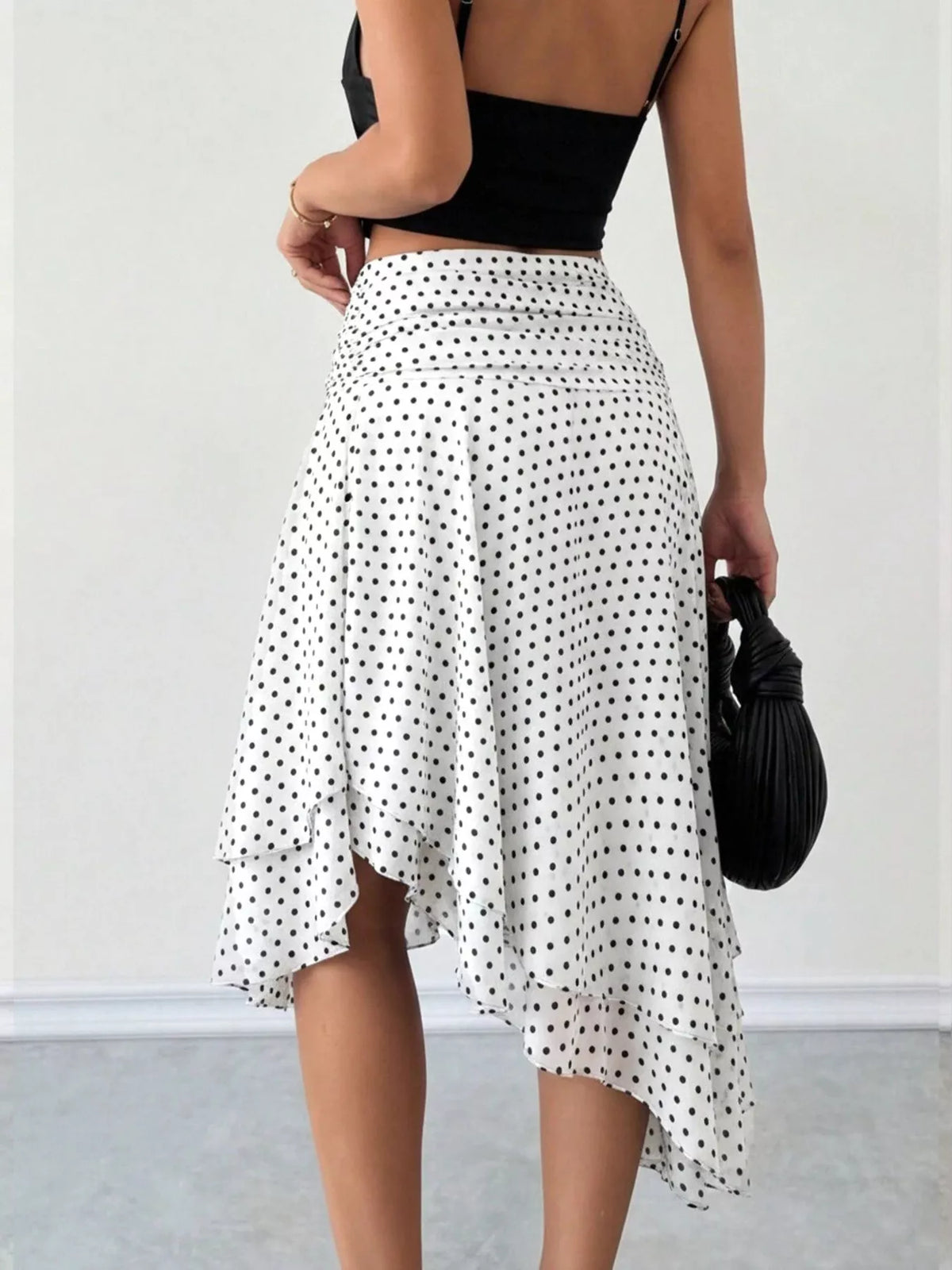 Polka Dot Asymmetrical Hem Midi Skirt in White