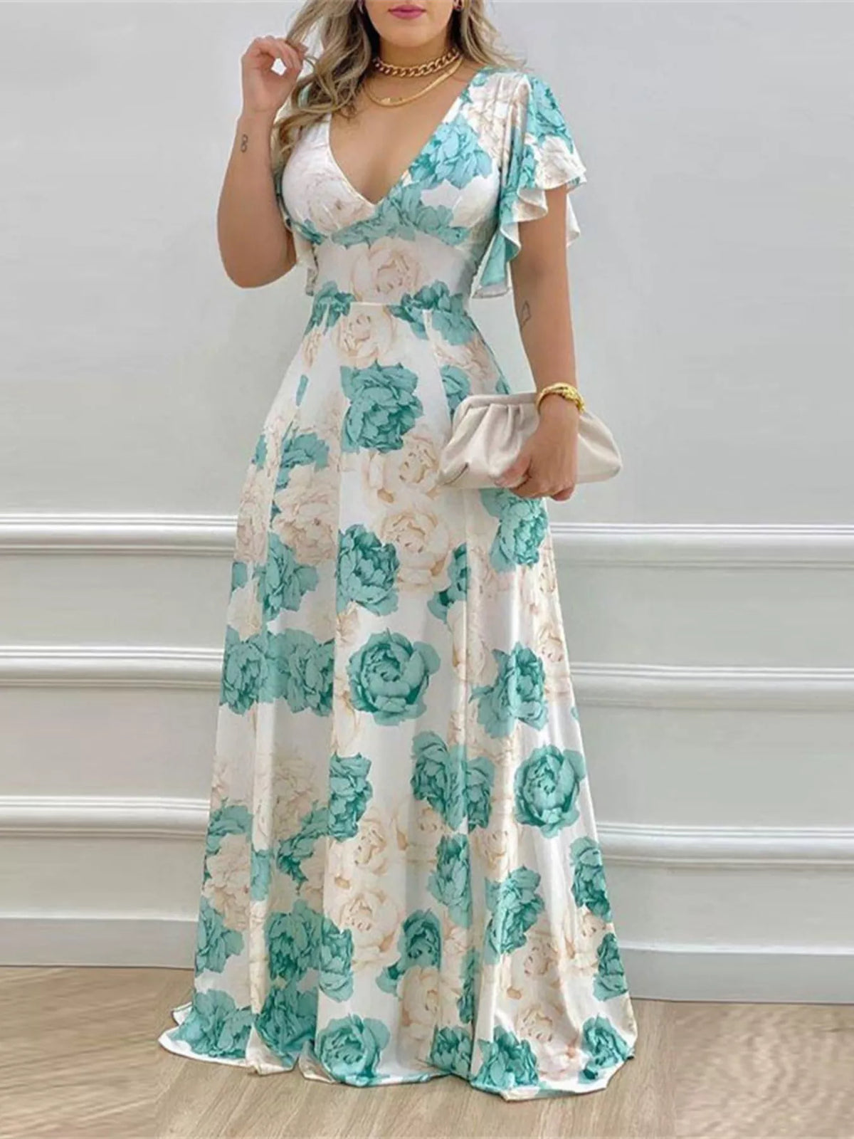 Floral V-Neck Ruffle Sleeve Maxi Dress