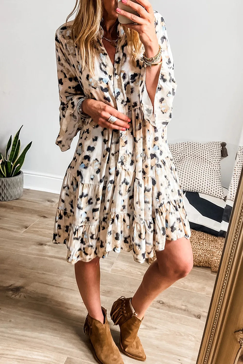 Leopard Print Buttoned Tiered Ruffle Dress