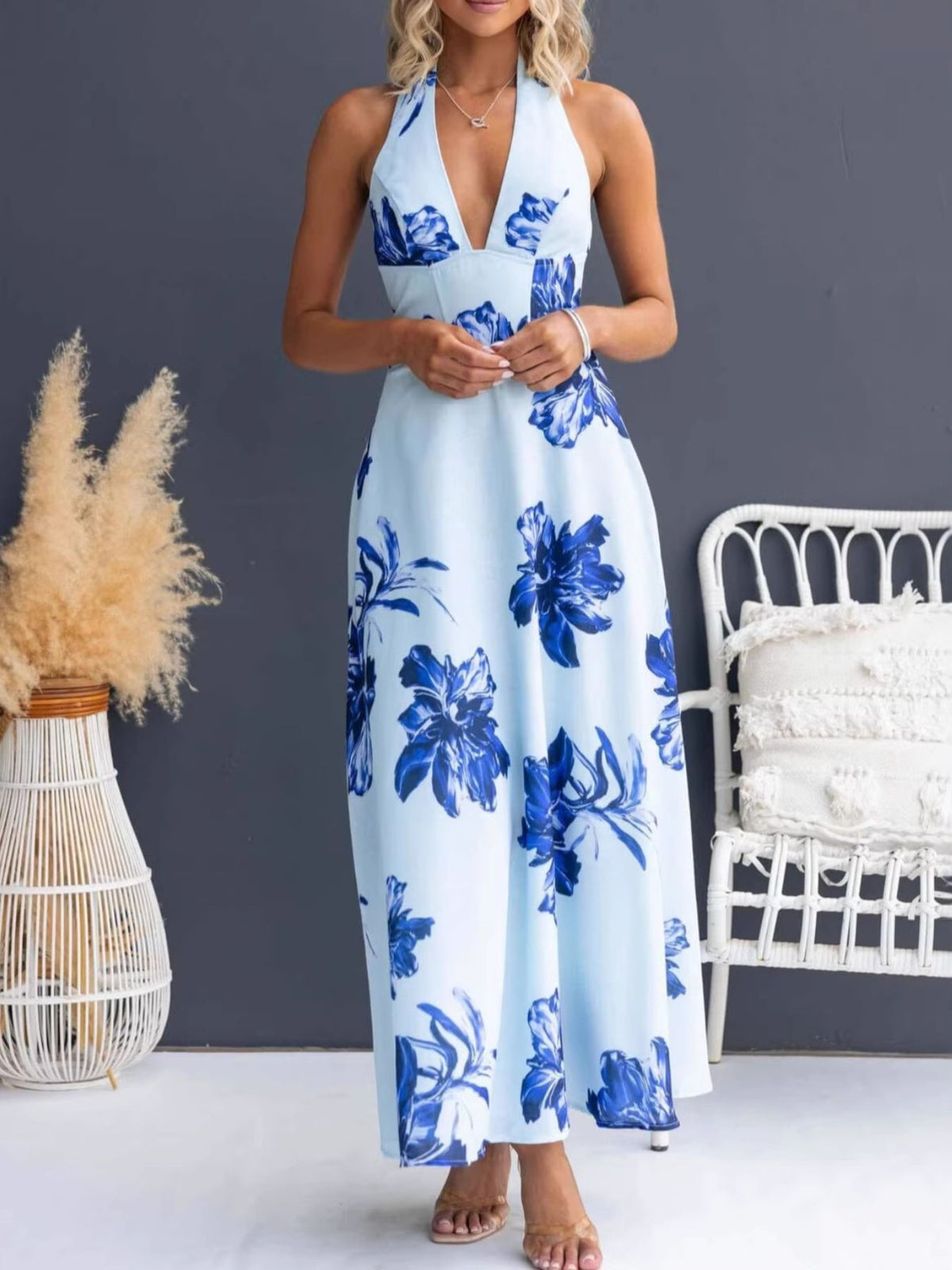 Floral Print Lace-Up Halter Maxi Dress