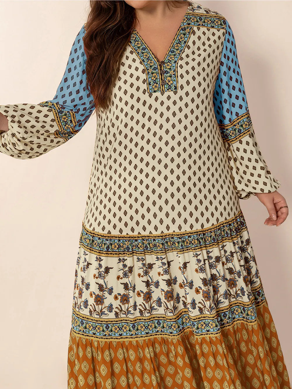 Printed V-Neck Balloon Sleeve Maxi Dress in Camel
