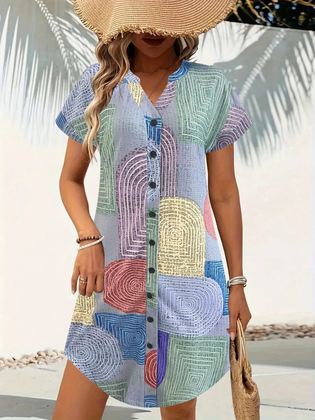 Geometric V-Neck Button-Front Dress
