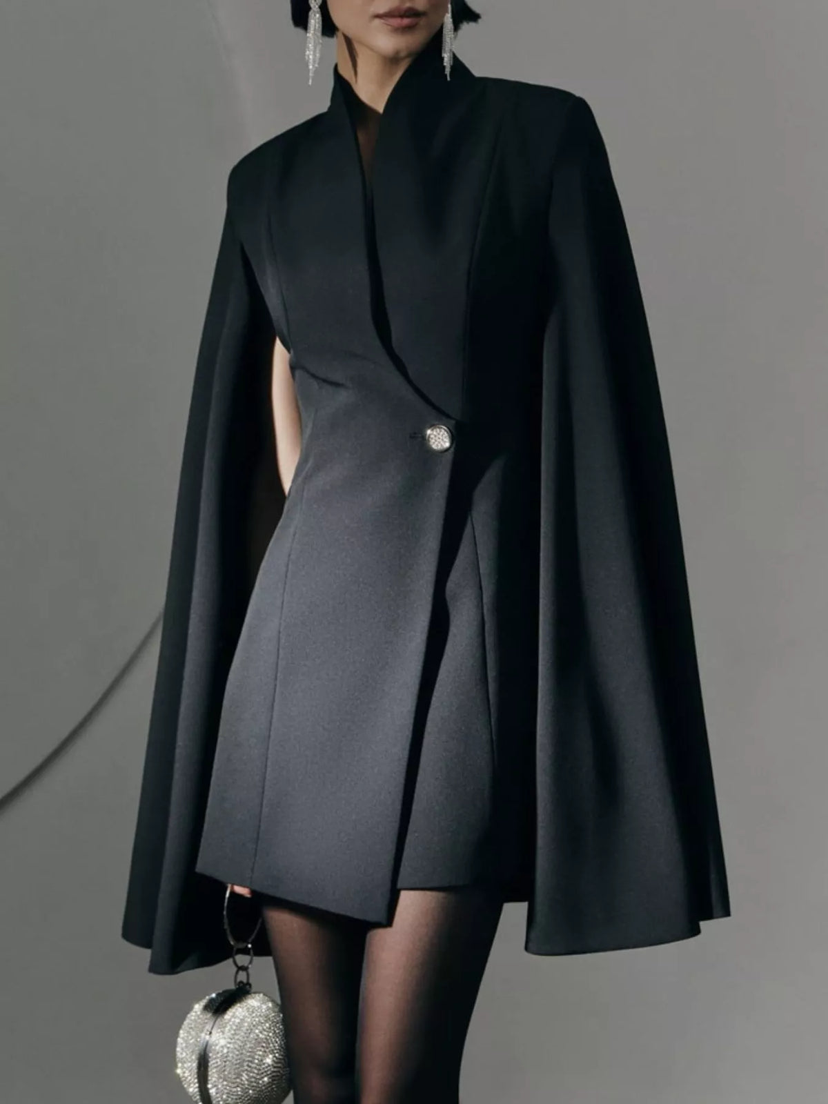 Fitted Blazer Dress with Cape Sleeves in Black