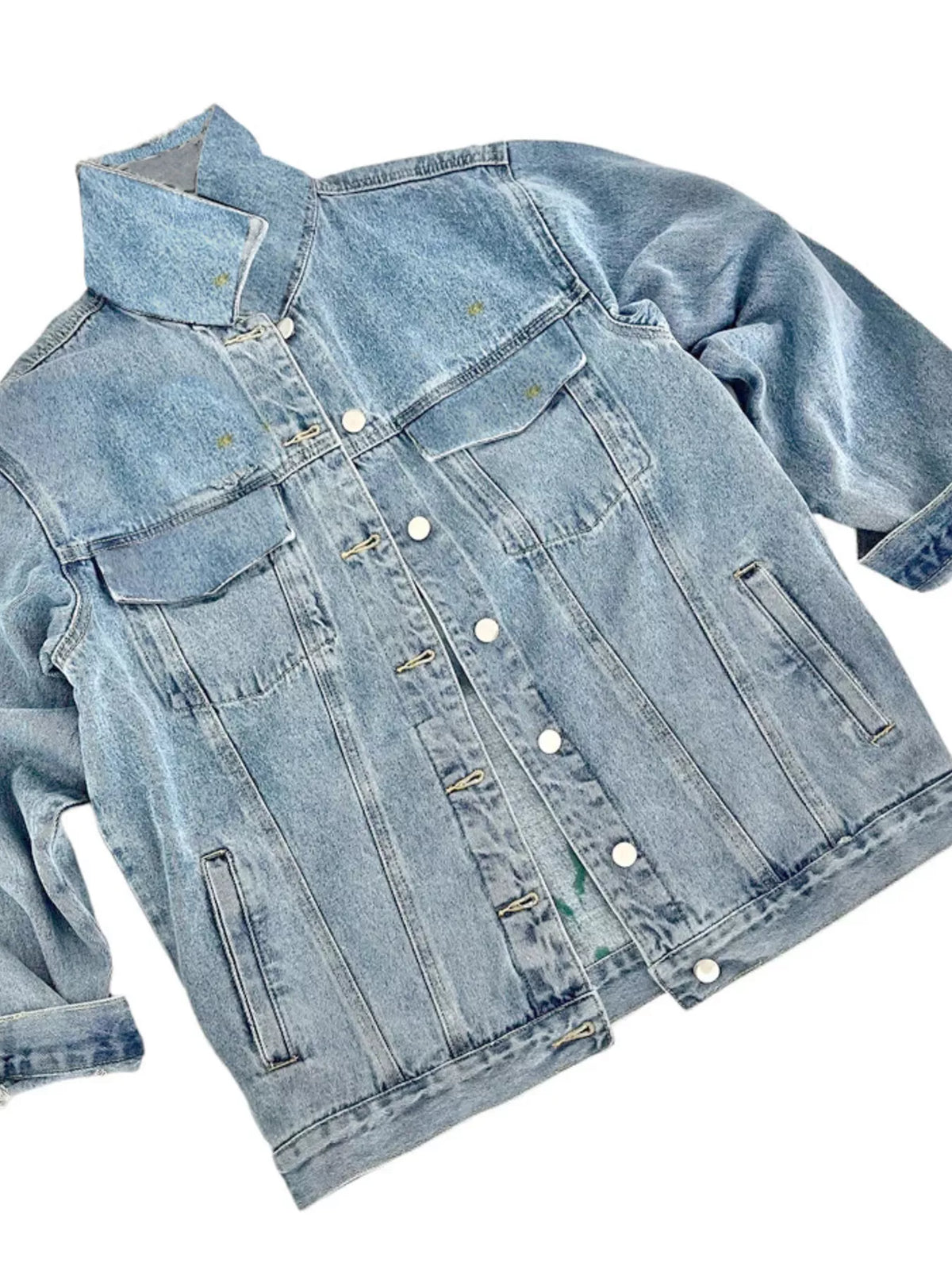 Heart & Umbrella Graphic Denim Jacket in Light Blue