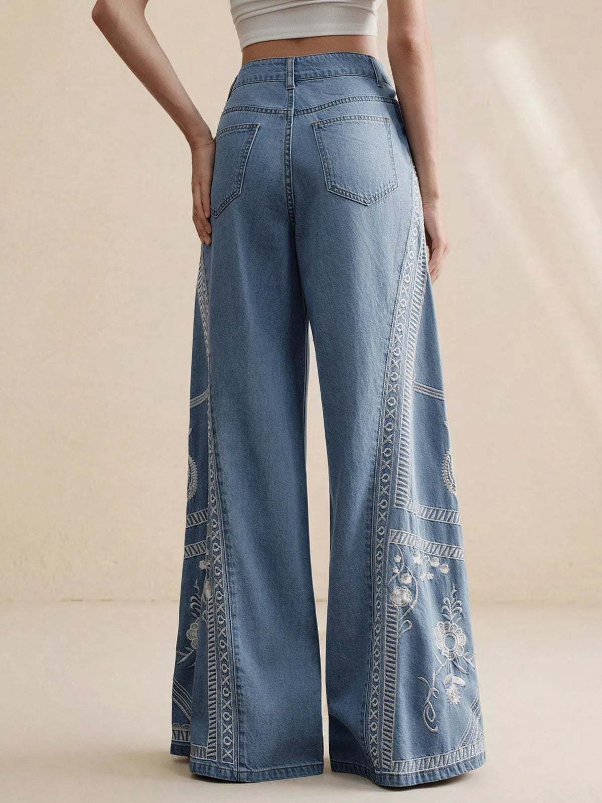 Embroidered Wide-Leg Drawstring Jeans in Blue