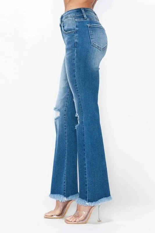 Raw Hem Distressed High Rise Bootcut Jeans in Medium Wash
