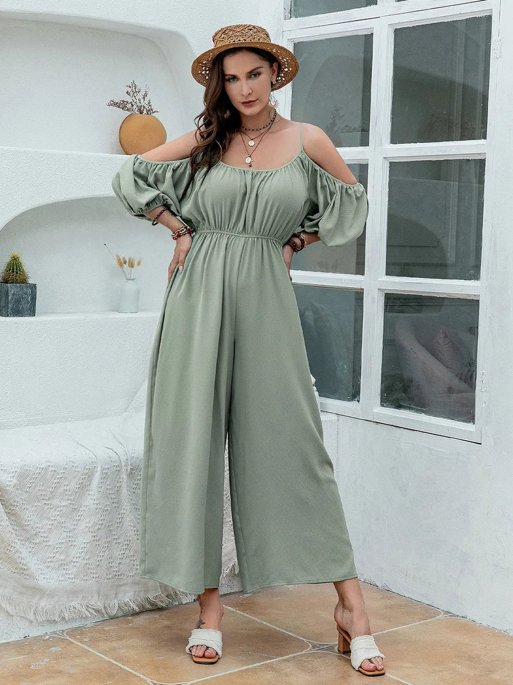 Spaghetti Strap Wide Leg Jumpsuit in Sage