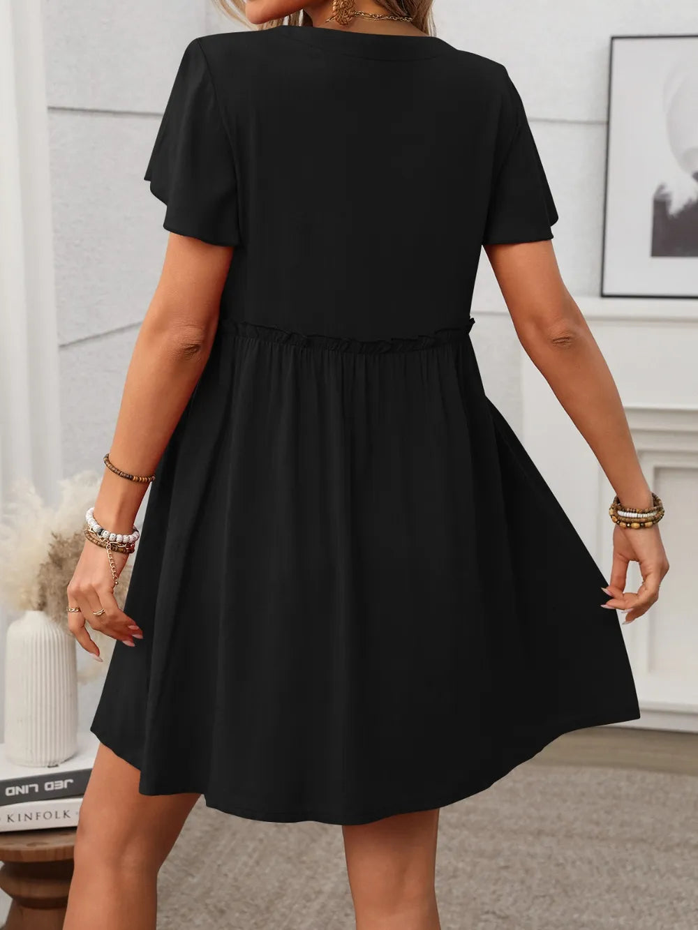 Button Front Flutter Sleeve Dress with Frill Detail