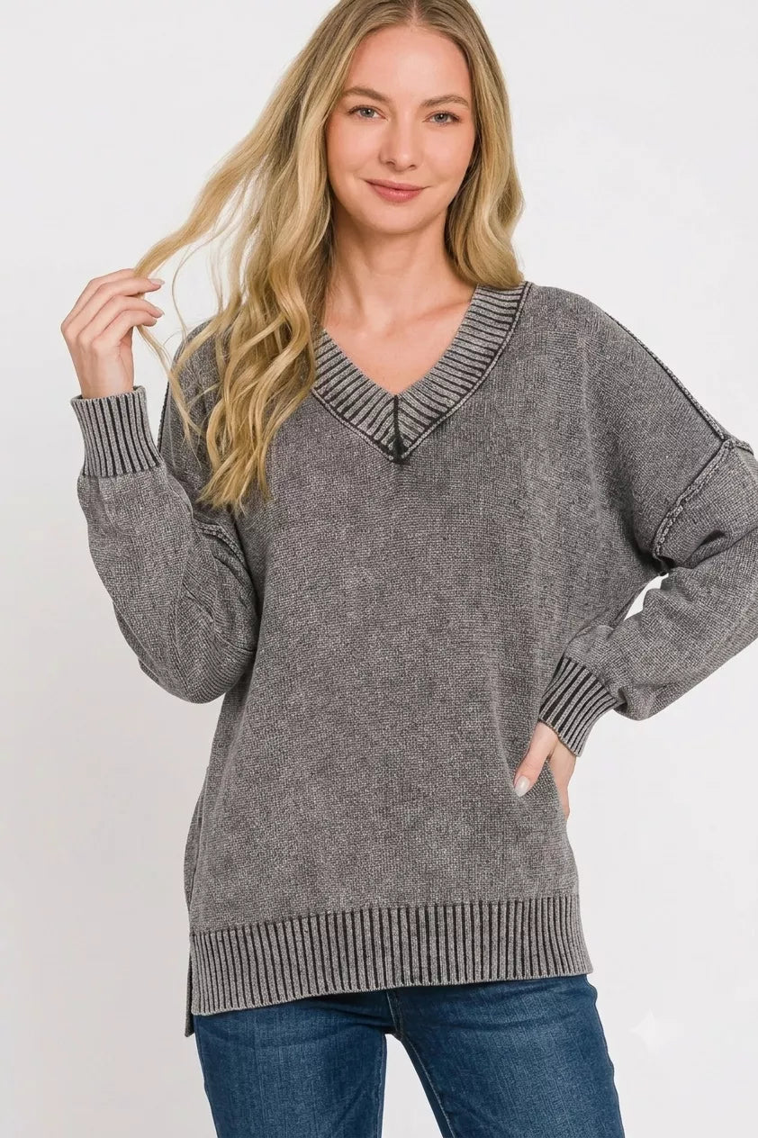 Zenana Washed Deep V-Neck Sweater in Black