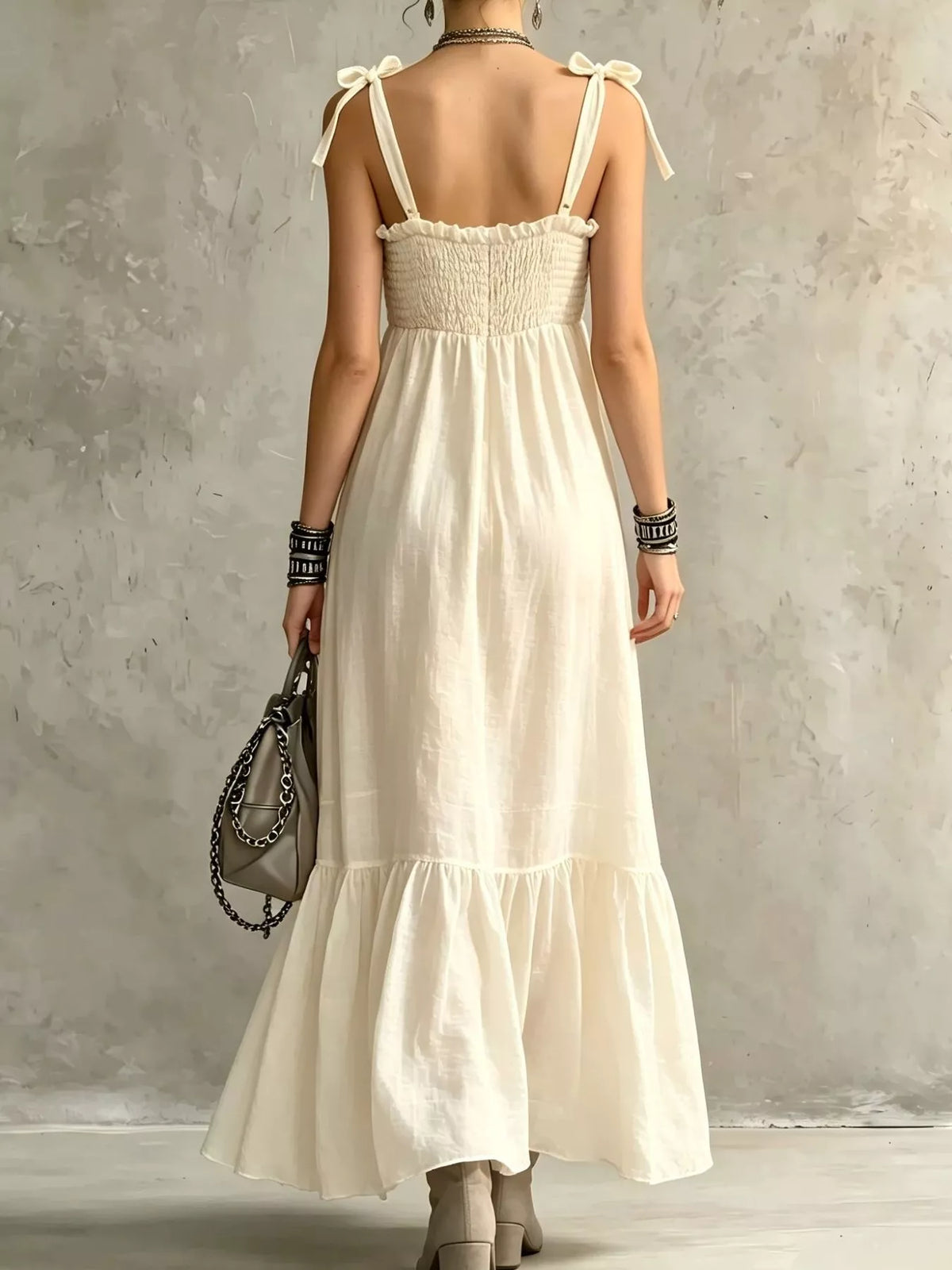 Smocked Tie-Shoulder Maxi Dress in Beige