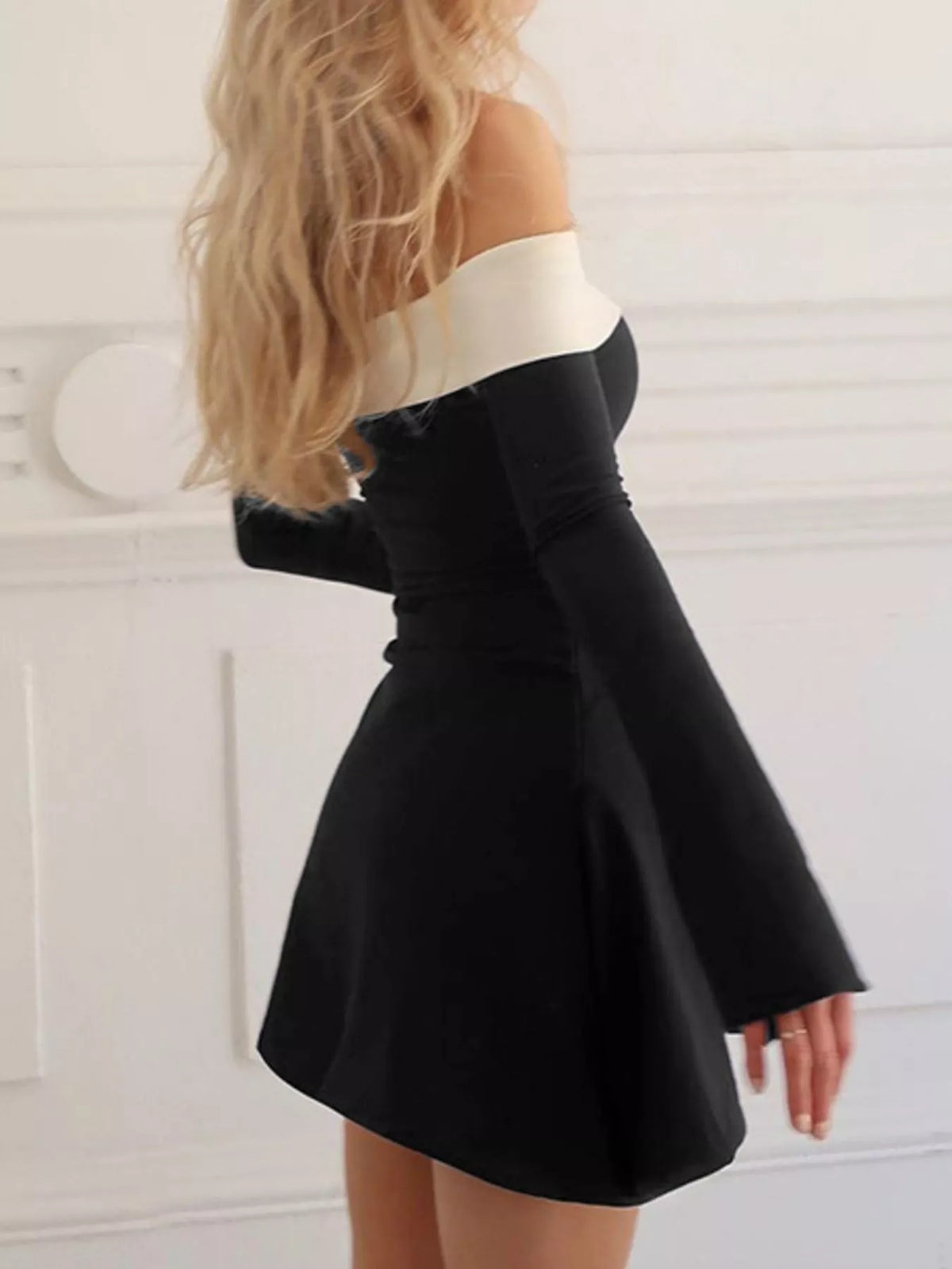 Off-Shoulder Bell Sleeve Mini Dress in Black