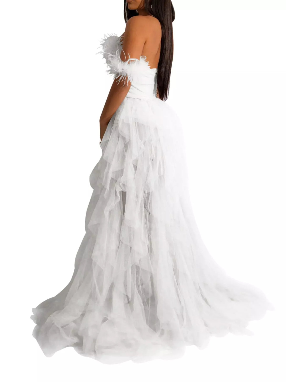 Feathered Corset Tulle Evening Dress