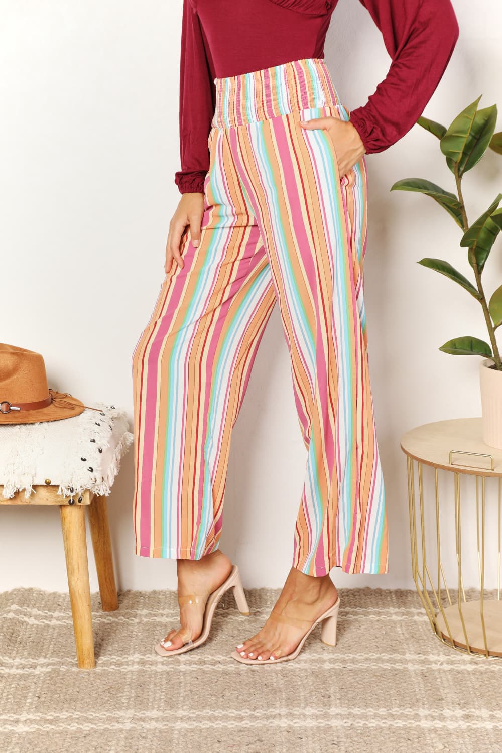 Double Take Striped Smocked Waist Pants with Pockets in Multicolor