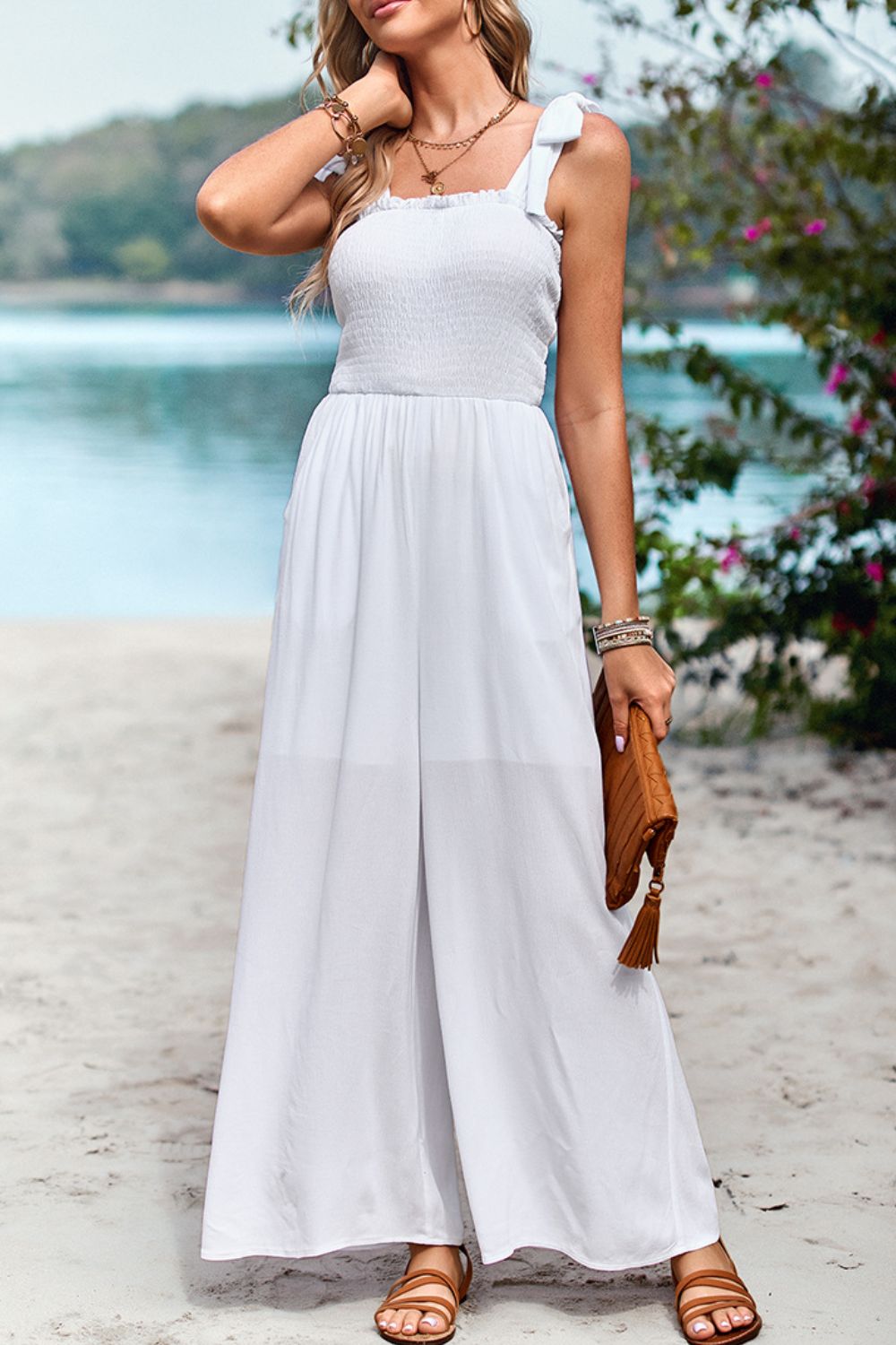 Frill Trim Tie-Shoulder Wide Leg Jumpsuit by DY