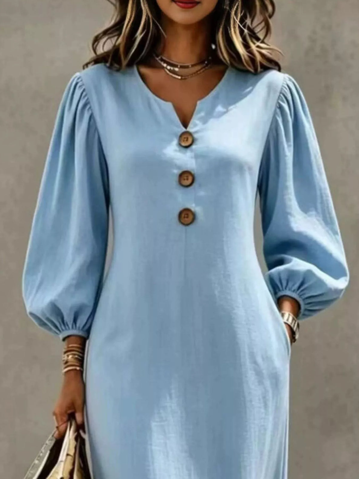 Button Balloon Sleeve Maxi Dress