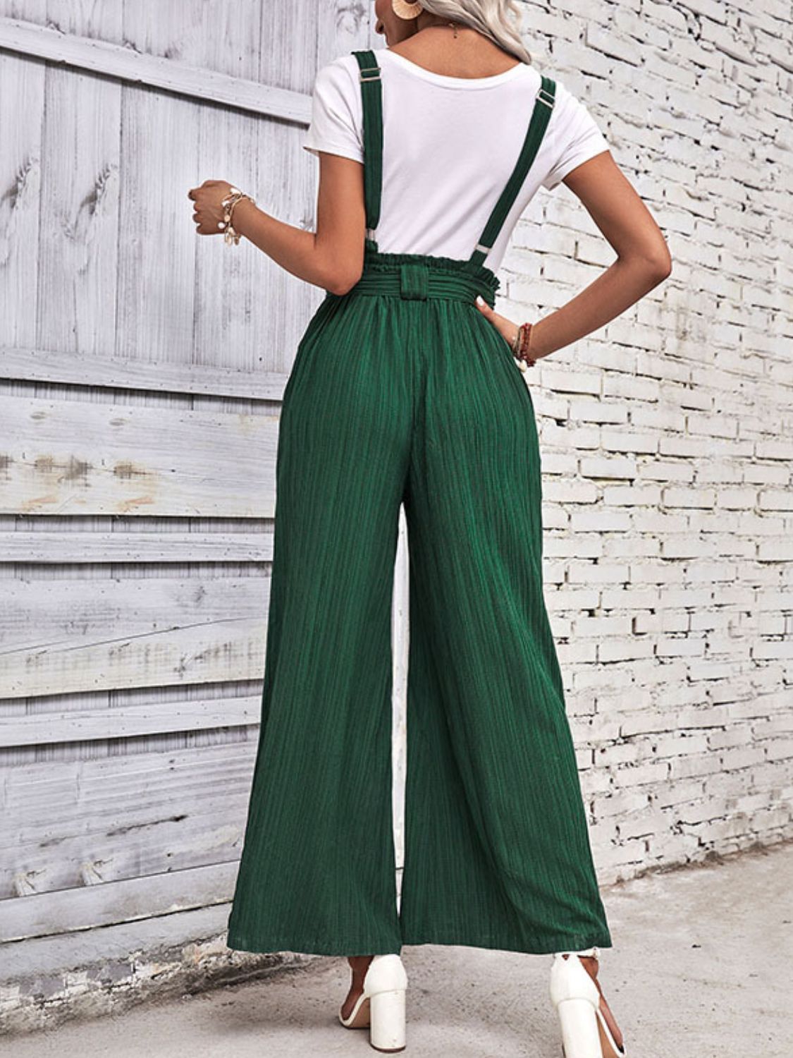 Tie Belt Wide Leg Overalls in Dark Green