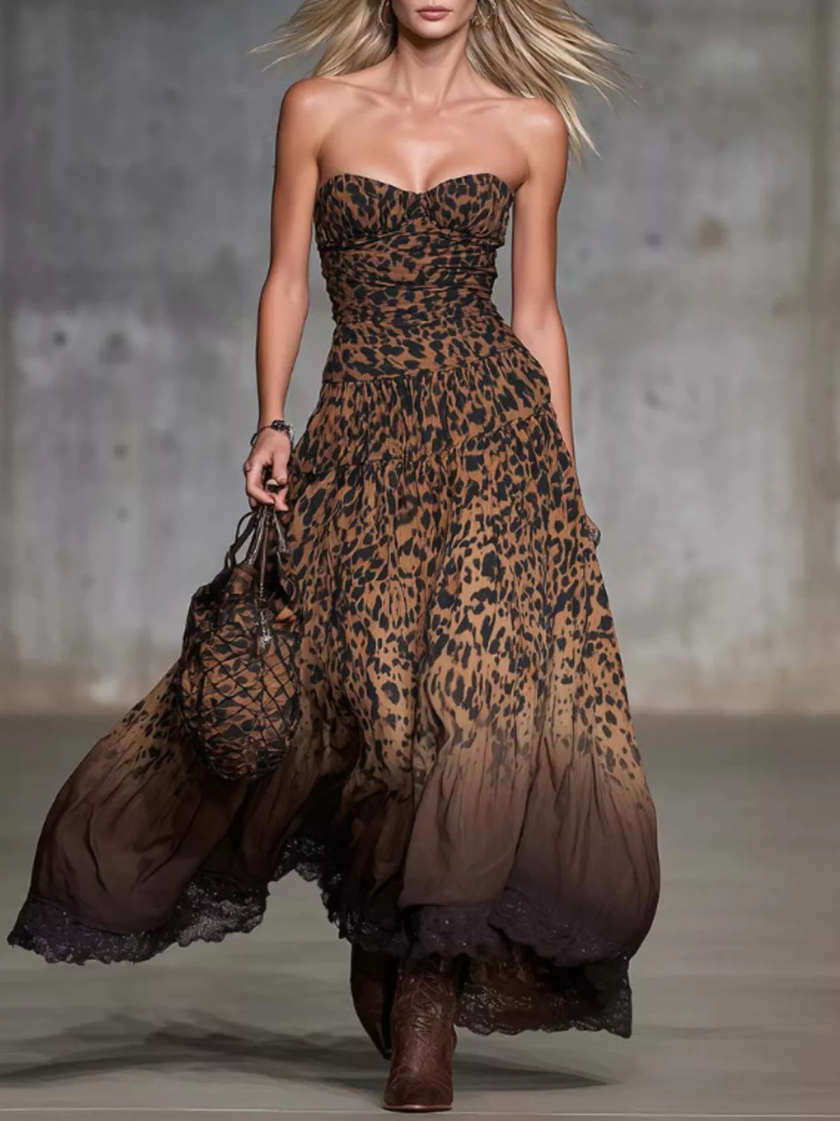 Strapless Leopard Print Maxi Dress in Dark Brown