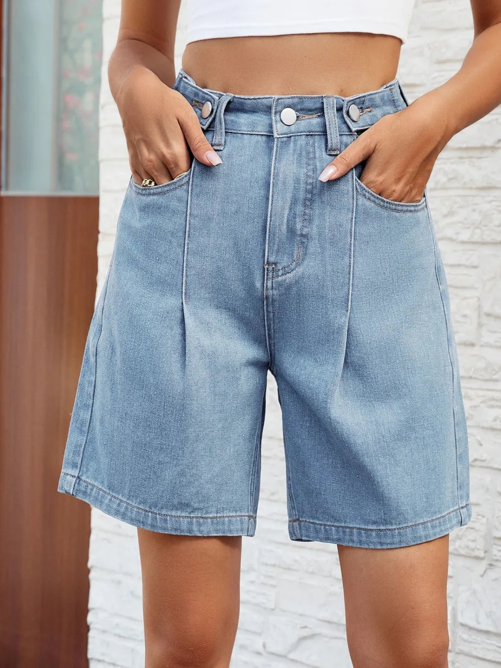 High Waist Button-Front Denim Shorts with Pockets by Manny