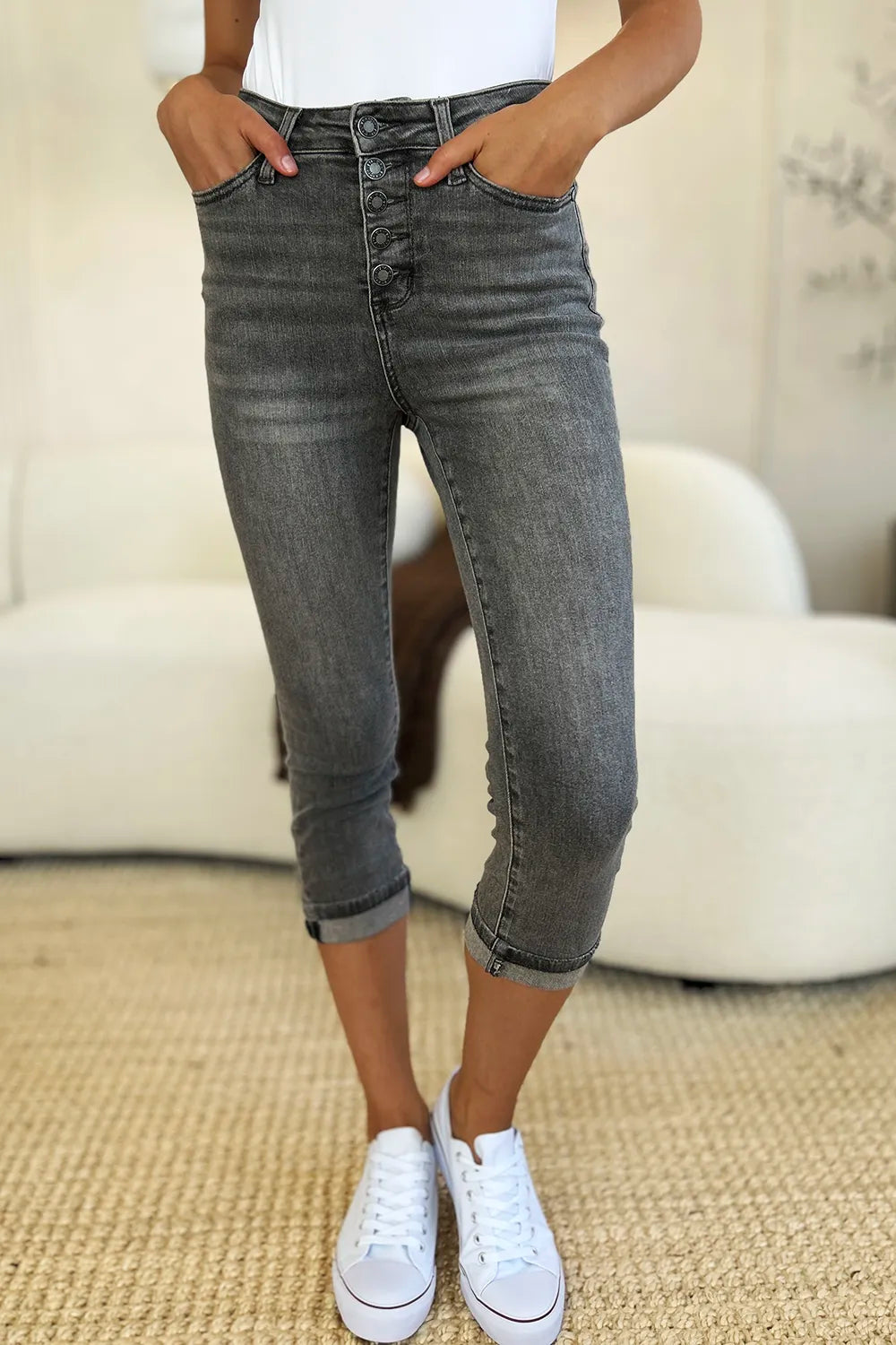 Judy Blue Button Fly High Waist Cuffed Capris in Gray
