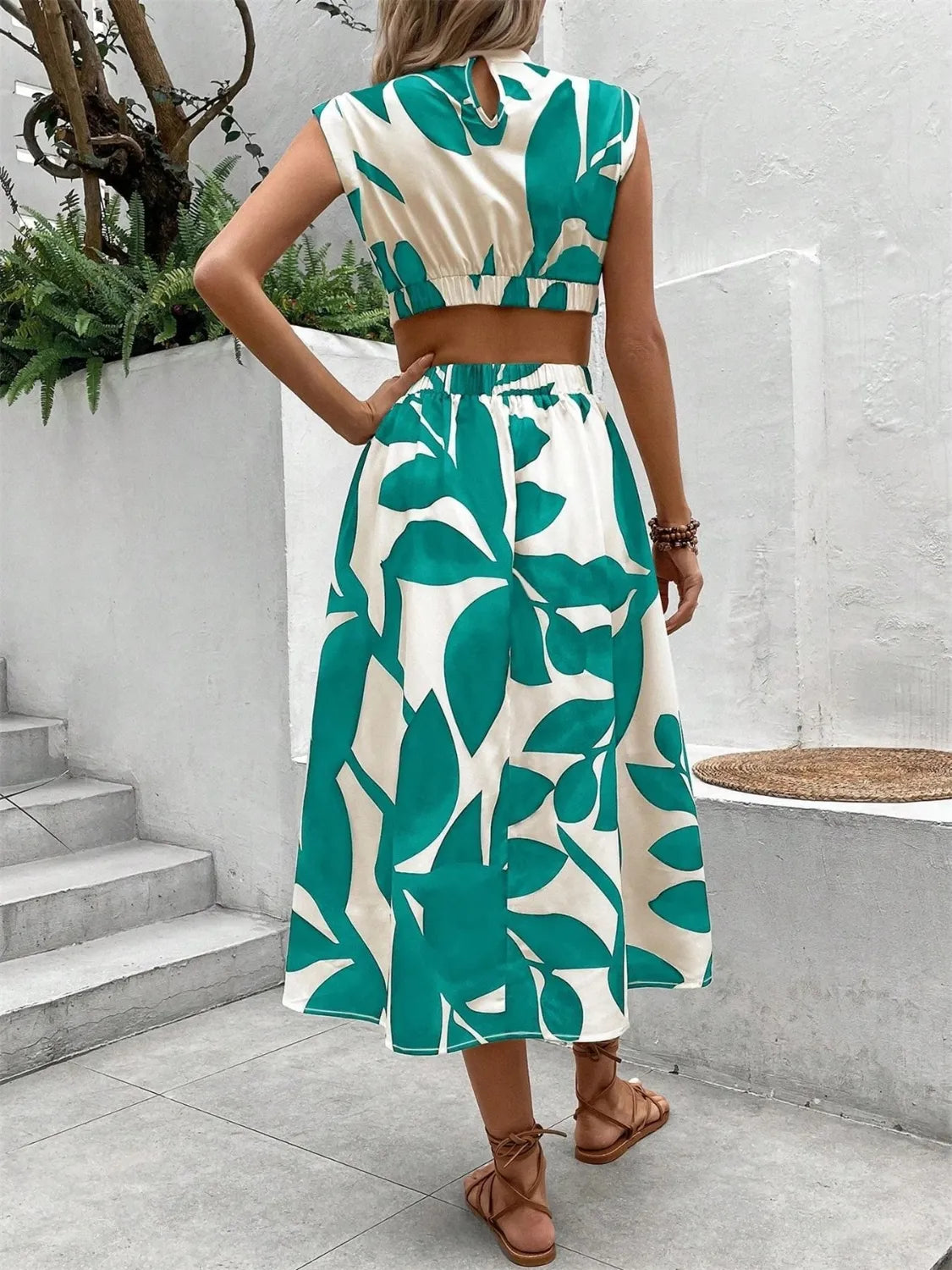 Cutout Cap Sleeve Printed Midi Dress
