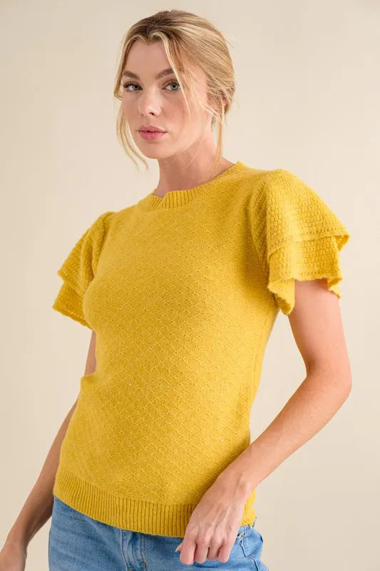 And The Why Ruffle Sleeve Sweater Top in Mustard