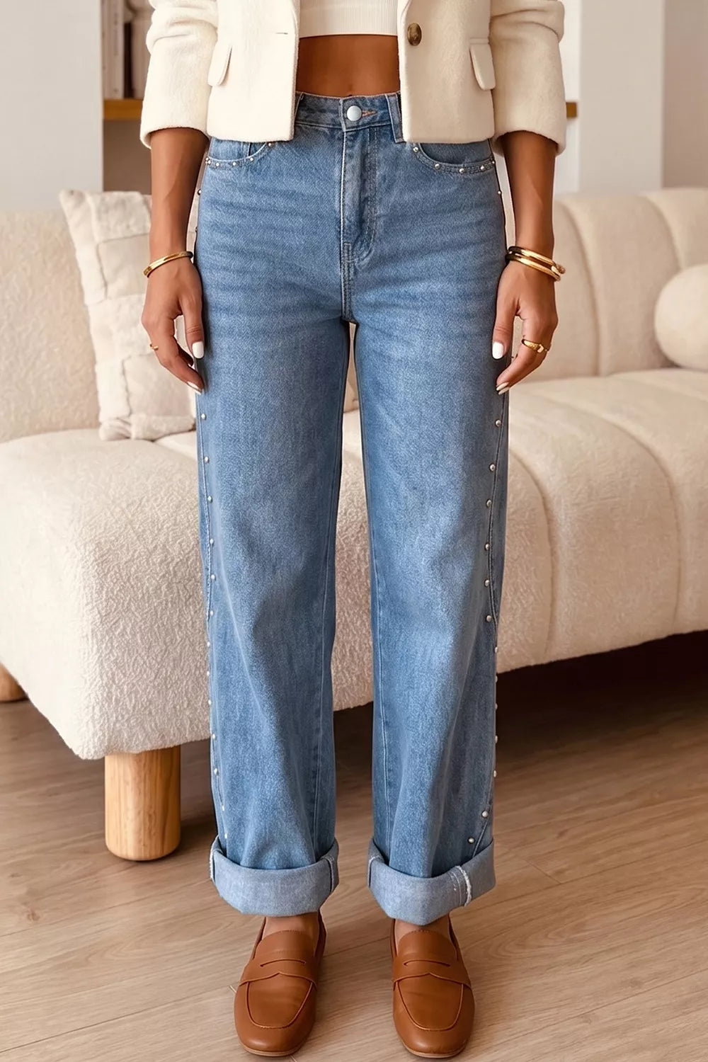 Studded Ankle Length Jeans in Dusty Blue