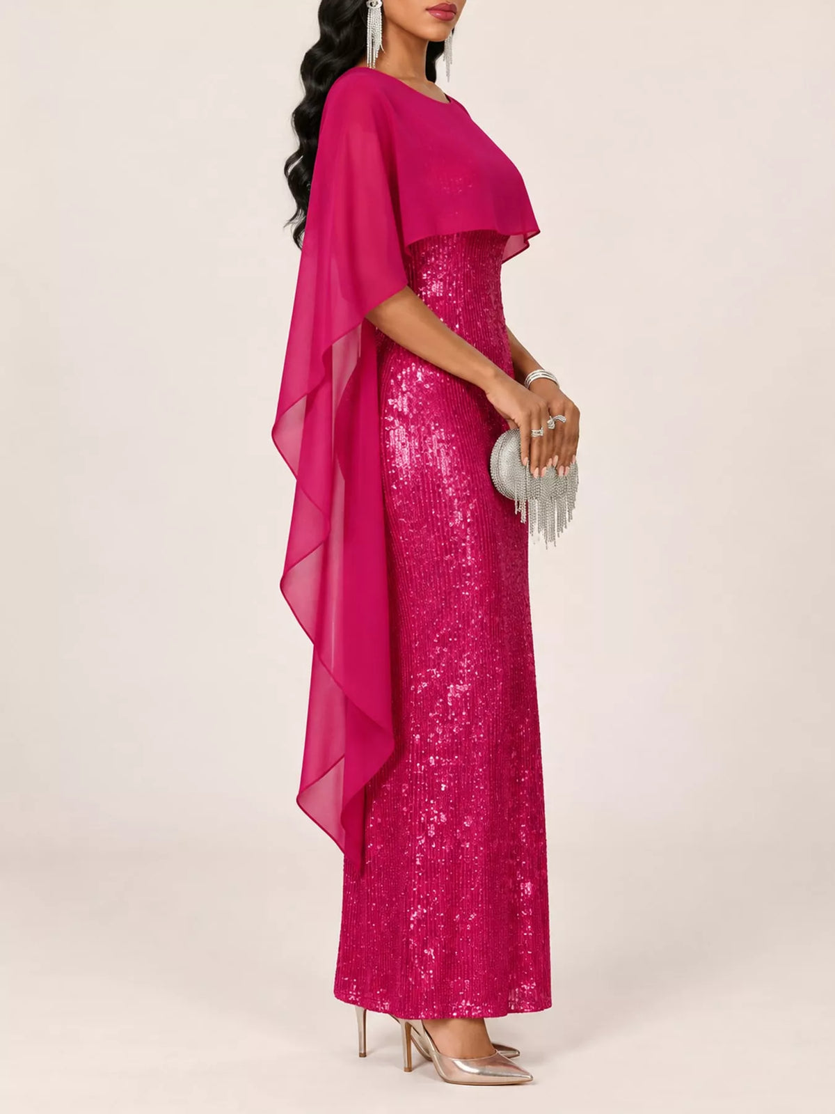 Sequin Cape-Overlay Evening Dress