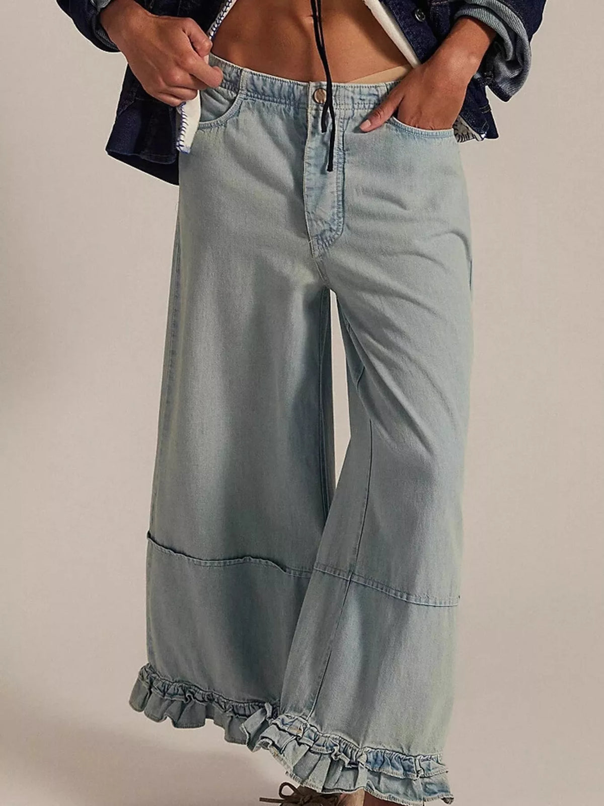 Wide-Leg Ruffle Hem Jeans