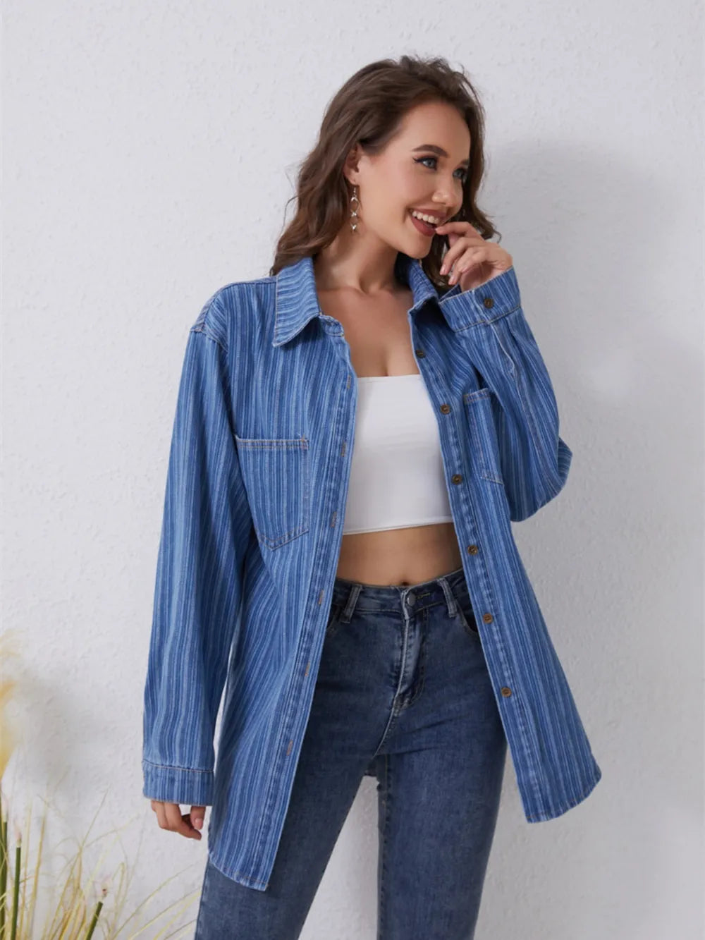 Striped Long Sleeve Denim Shirt in Medium Wash by Y.Y@Denim