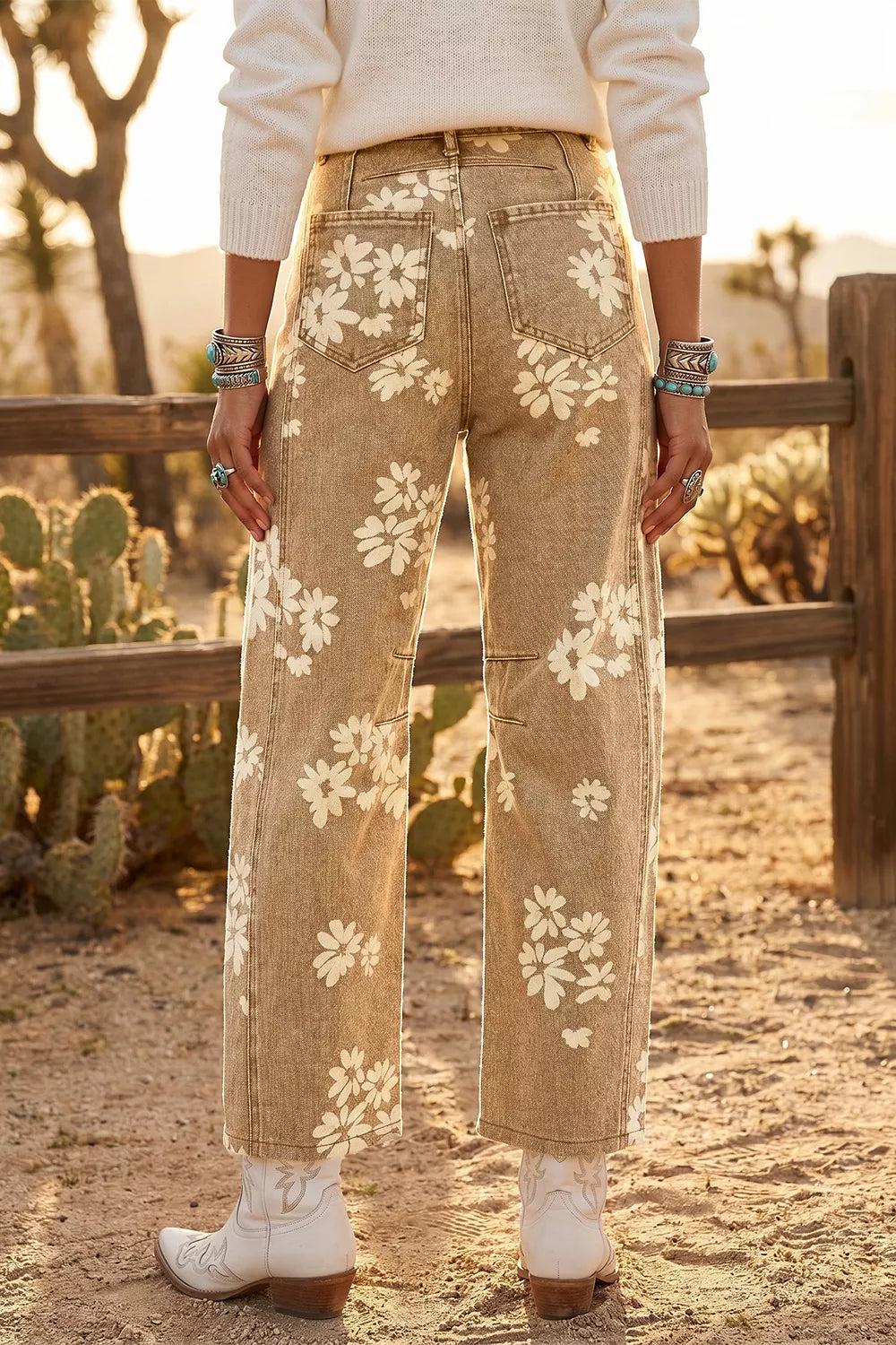 Floral Pleated Straight Leg Jeans in Tan