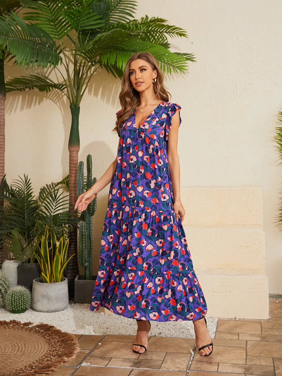 Floral V-Neck Cap Sleeve Summer Dress by Elaine