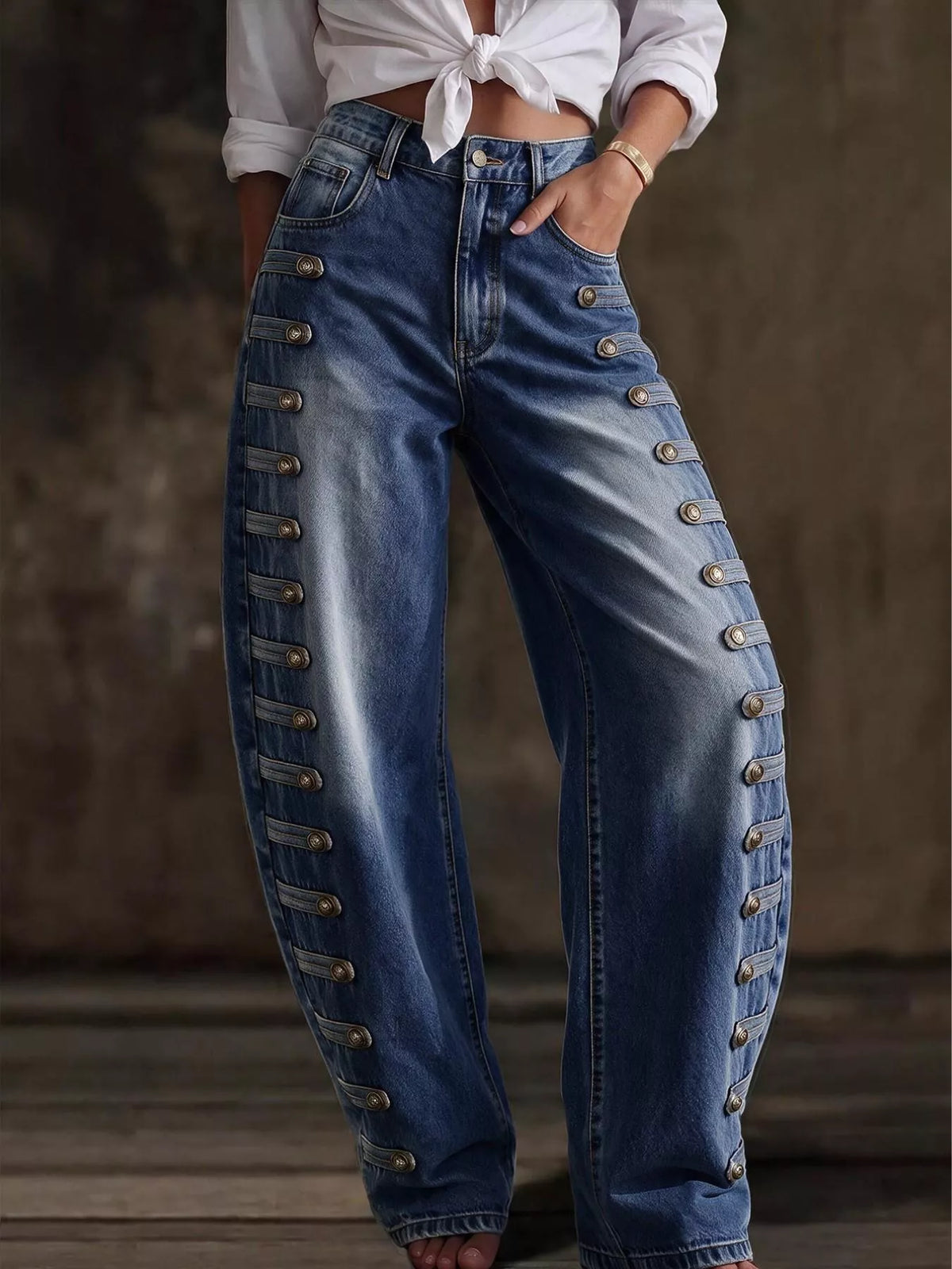 Decorative Button Wide Leg Jeans