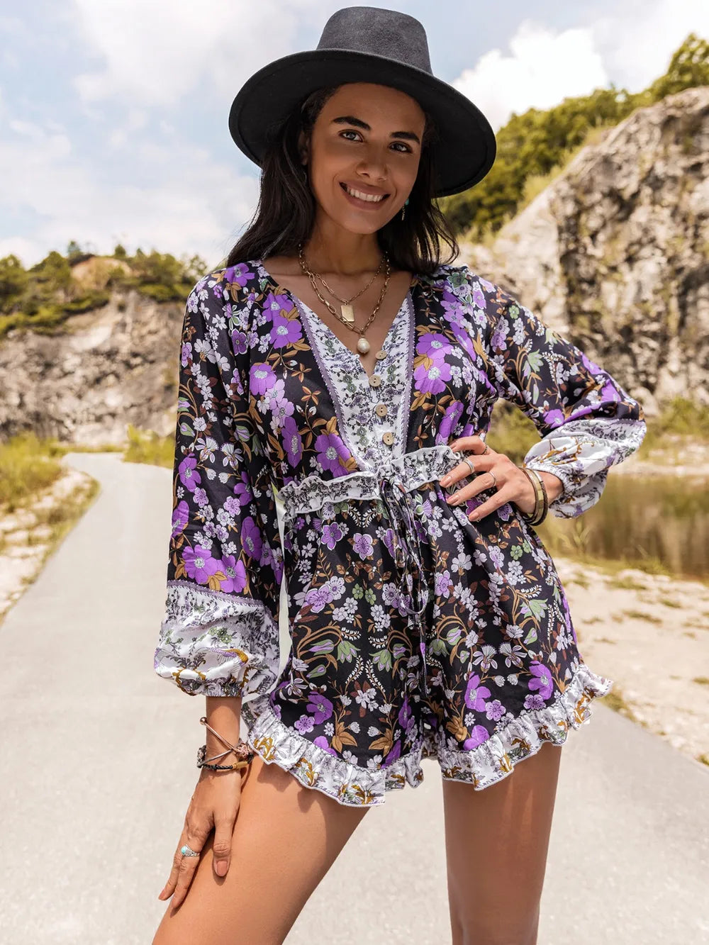 Balloon Sleeve Romper in Mauve