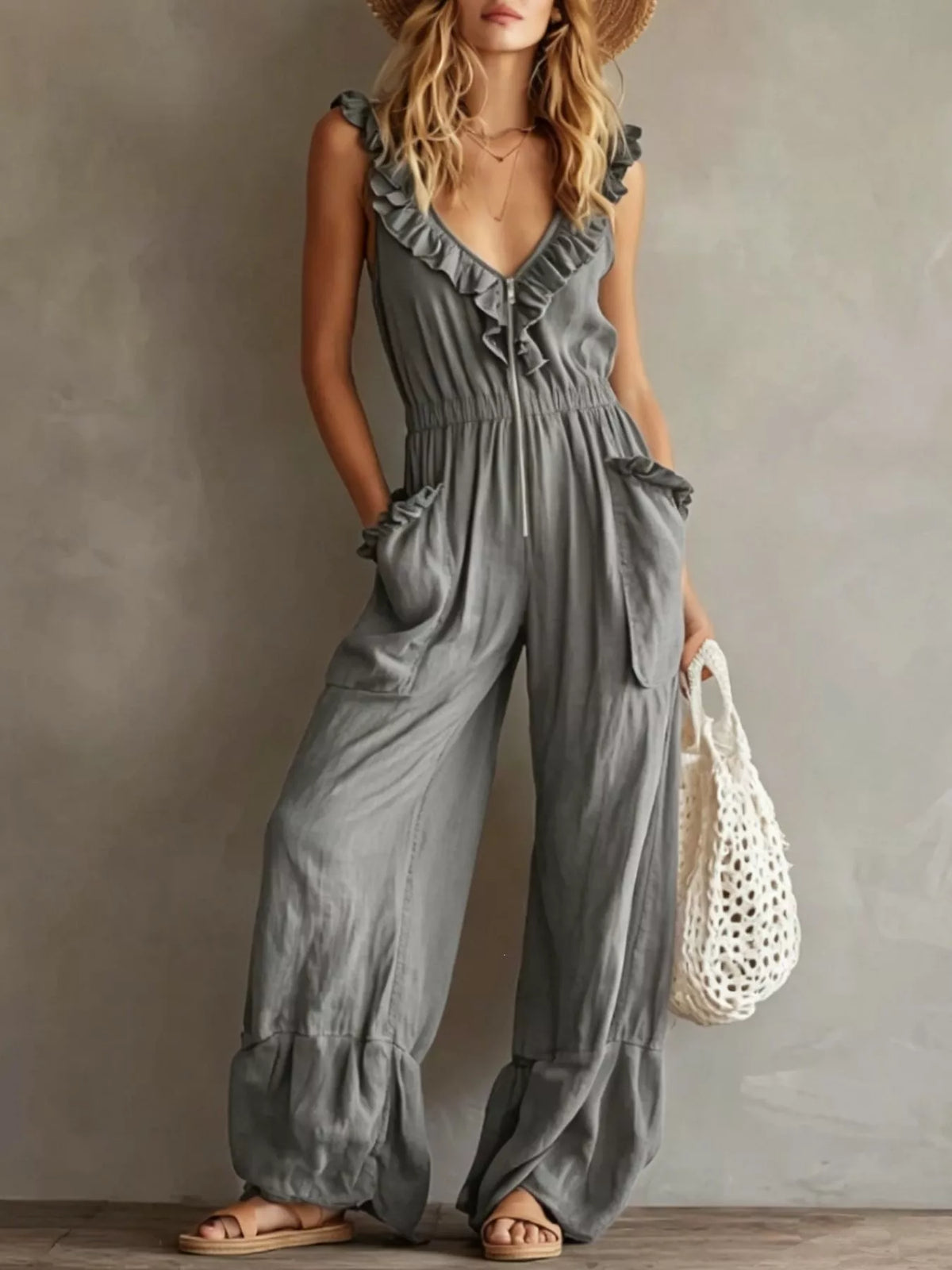 Ruffled V-Neck Jumpsuit with Pockets