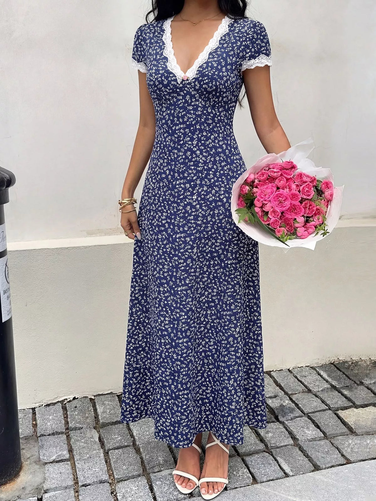 Floral Print Lace Trim Maxi Dress in Navy